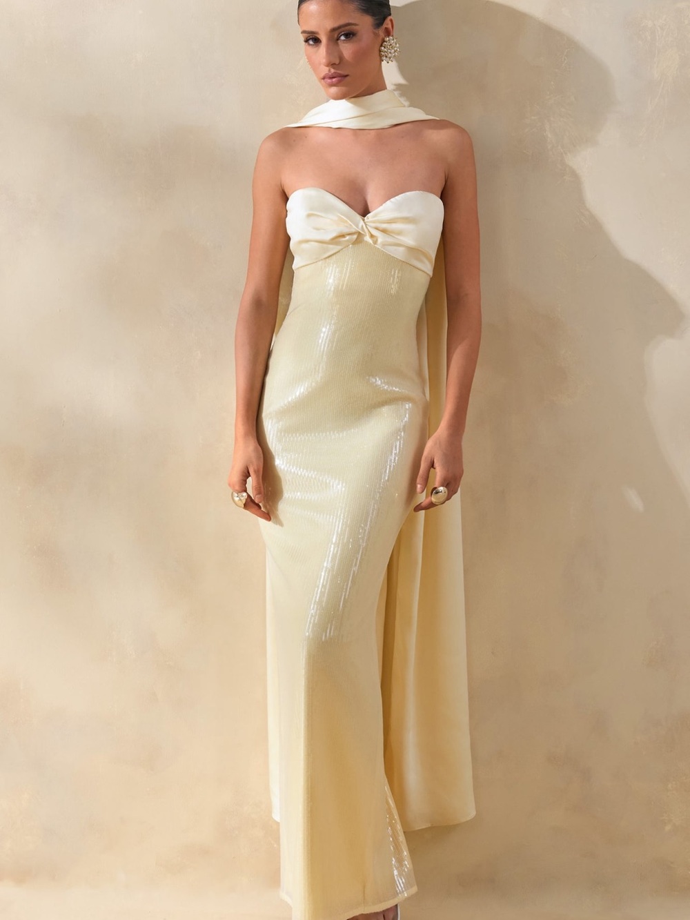 Stephanie | lemon sequin bandeau maxi dress with scarf